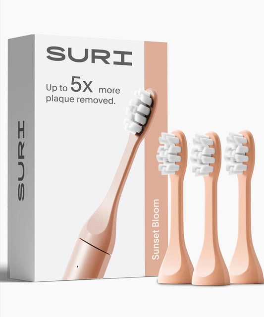 SURI Recyclable Plant-Based, Electric Toothbrush Heads - Built-in Tongue Scraper, Long Lasting Replacement Heads | Compatible Only Sonic Electric Toothbrush - Sunset Bloom, Pack of 3