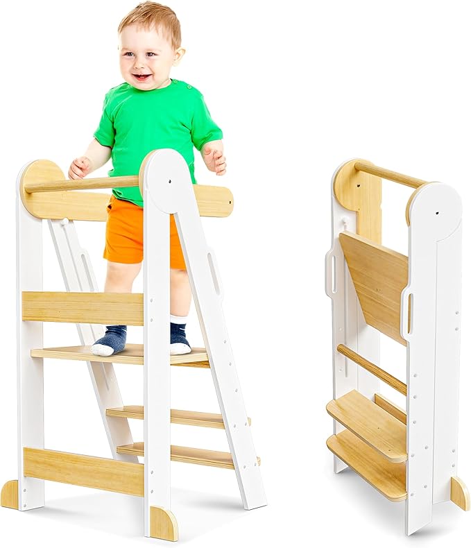 Toddler Tower - CPSC Certified Toddler Chair Tower with 3 Height Adjustable Step Stool, Safety Bar, Screw Covers - Montessori Stool for Sink, Kids Standing