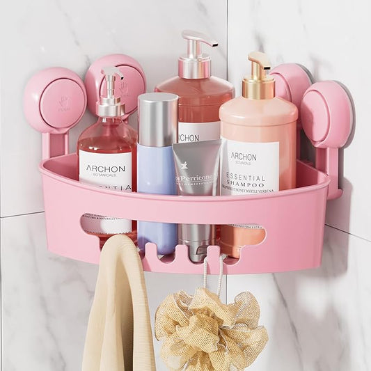 LEVERLOC Corner Shower Caddy Suction Cup, Powerful Suction Bathroom Shower Shelf, Waterproof and Rustproof Organizer for Bathroom Storage and Kitchen, No-Drilling Removable, Pink