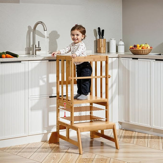 COSYLAND Height Adjustable Toddler Standing Tower - Toddler Kitchen Stool Helper Natural