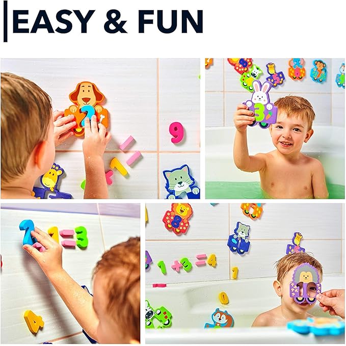100% Non-Toxic Bathtub Numbers - Fun Bath Foam Toys - Educational Puzzles Floating Bathtub Animals for Kids Girls Boys - Set of 27 pcs - Wet & Stick - Fre. Bath Toy Organizer