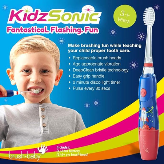 B07YVKSLHYBrush‑Baby - KidzSonic Rocket Kids Electric Toothbrush for Ages 3+ with Disco LED Lights, Gentle Sonic Vibrations, 2-Minute Smart Timer & 30‑Second Pulse Reminders – AAA Battery Included