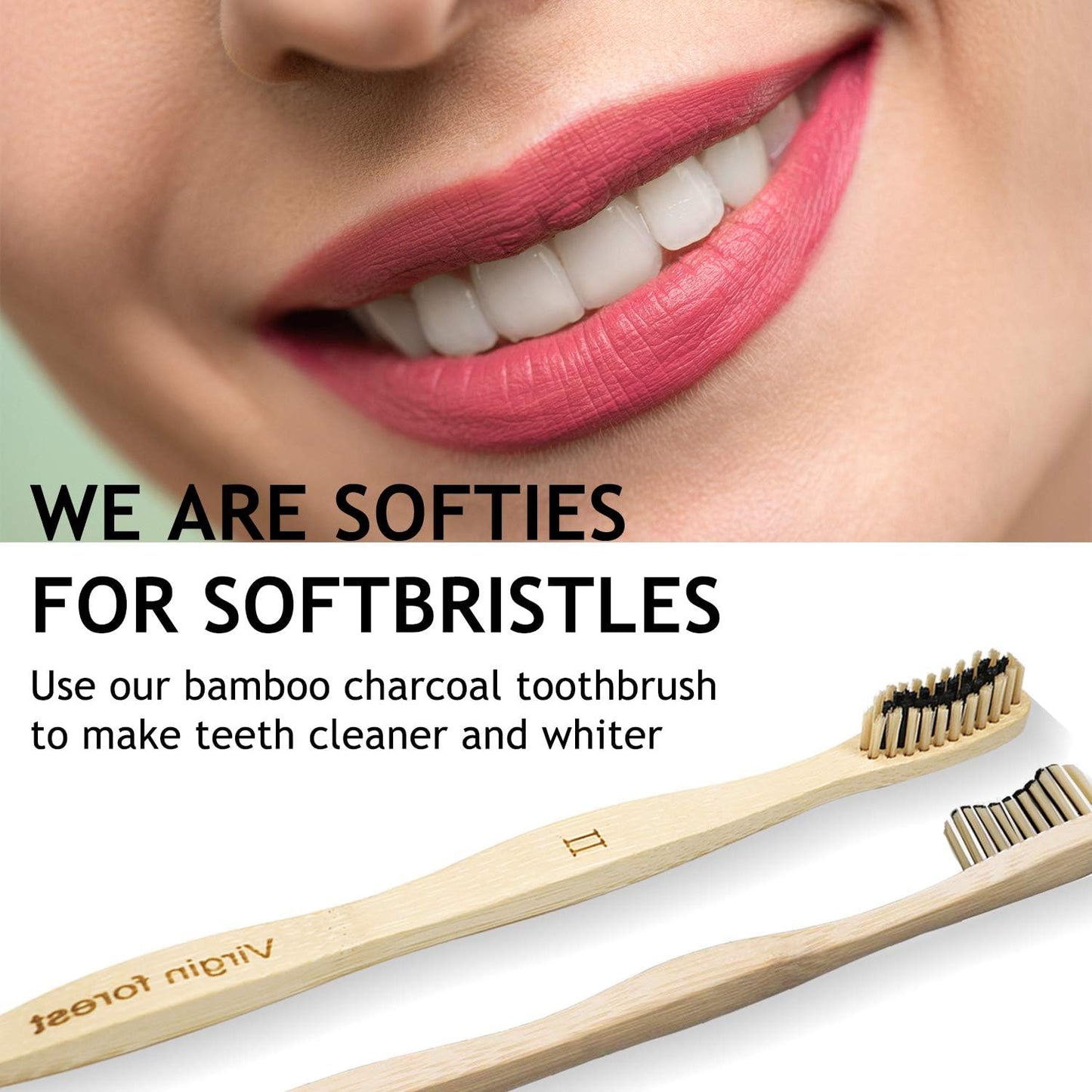 Virgin Forest Bamboo Toothbrush, Biodegradable Soft Bristles Toothbrushes, Wooden Toothbrush with Wave-Shaped Two-Color Bristles and Larger Thicker Handle (6 Pcs)