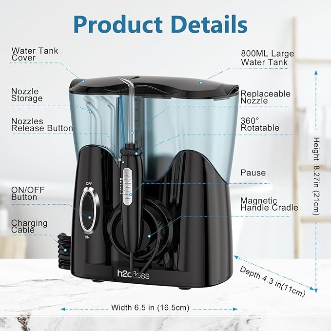 H2ofloss Water Flosser for Teeth, Braces, Professional Water Teeth Cleaner with 800ML Water Tank and 5 Settings, 13 Multifunctional Nozzles and Hygienic Nozzles Storage Compartment for Family (Black)