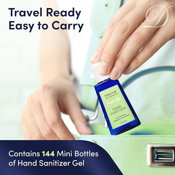 Terra Pure Hotel Hand Sanitizer Gel | Mini Hand Sanitizer Bulk | Alcohol-Free with Organic Aloe Vera | 1oz Bottles | Case of 144