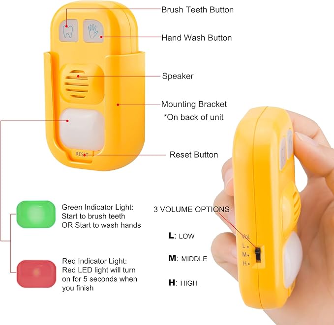 Musical Timer for Kids, Battery Powered 2 Minute Toothbrush Timer and 20 Seconds Bathroom Hand Wash Timers with LED Color Light, 3 Volume Options Musical Timers for Children Training Coach