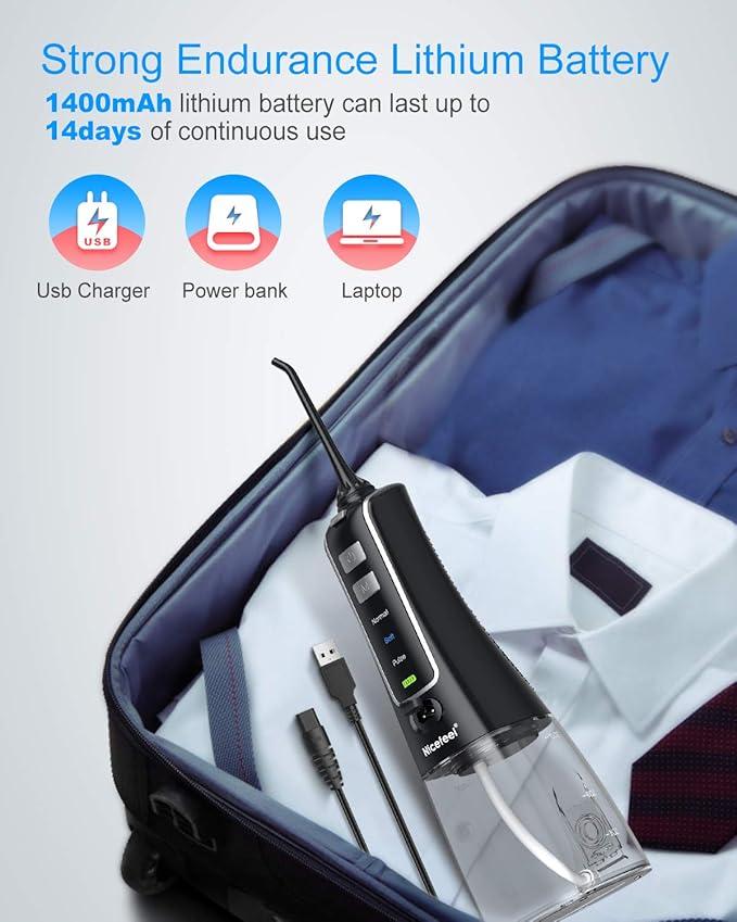 Nicefeel Cordless and Rechargeable Water Flosser - 300ML Water Tank Oral Irrigator, 4 Jet Tips, 3 Pressure Modes - IPX7 Waterproof and Travel Friendly for Dental Care