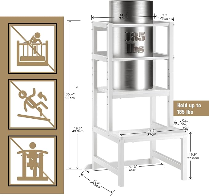 Kitchen Step Stool for Toddlers, Height Adjustable Toddler Tower with Safety Rail, Steel and Wood Toddler Kitchen Stool Helper Kids, Stool for Kids, Learning Tower, Kids' Desk White