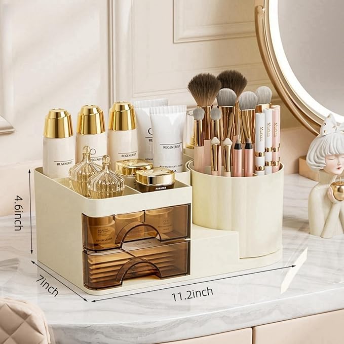 Makeup Organizer for Vanity with 2 Drawers,Countertop Rotating Makeup Brush Holder,Bathroom Organizer Holder,Cosmetic Display Case for Lipstick,Beauty,Skincare Organizer (Cream)