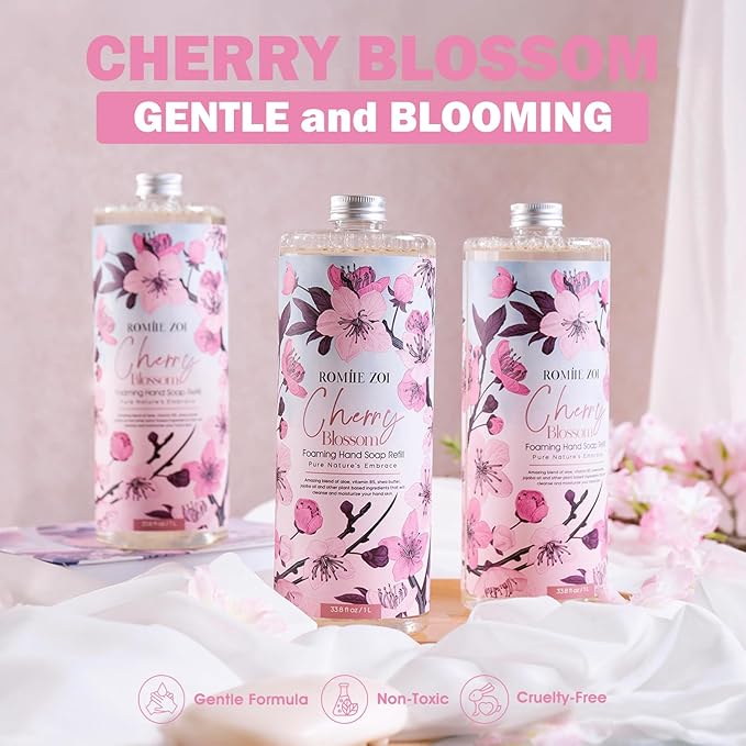 ROMIIE ZOI Cherry Blossom Foaming Hand Soap Refill Gift Set – 3 Pack*33.8 Fl Oz with Refillable Dispenser, Refreshing Floral Scent, Moisturizing & Chemical-Free for Bathroom, Kitchen, Sensitive Skin