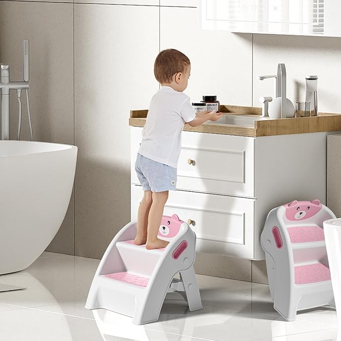 TPN Toddler Step Stool for Bathroom Sink and Potty Training Durable Anti-Slip,Anti-Tip A-Frame,10-Second Assembly, 2-Step Potty Stool with Wide Steps (Pink)