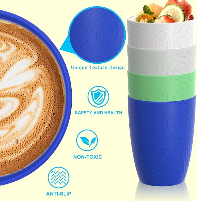 Homienly Drinking Glasses Set of 4, Wheat Straw Cups with Unique Texture, Reusbale Kids Cup, Stackable Cups for Kitchen, Home, Party, Camping, Dishwasher Safe Cup Tumbler 12 OZ - Island Color