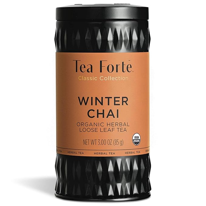 Tea Forte Winter Chai Premium Loose Leaf Caffeine-Free Herbal Tea Blend Canister, Makes 35-50 Cups, Round Canister