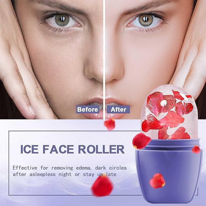 XHJRI Ice Face Roller Massager,Ice Cube Roller for Face, Eyes and Neck Naturally Conditioning and Skin Care,De-Puff Eye Bags,Reduce Migraine Pain,Reusable Massage Silicone Ice Mold (New Purple)