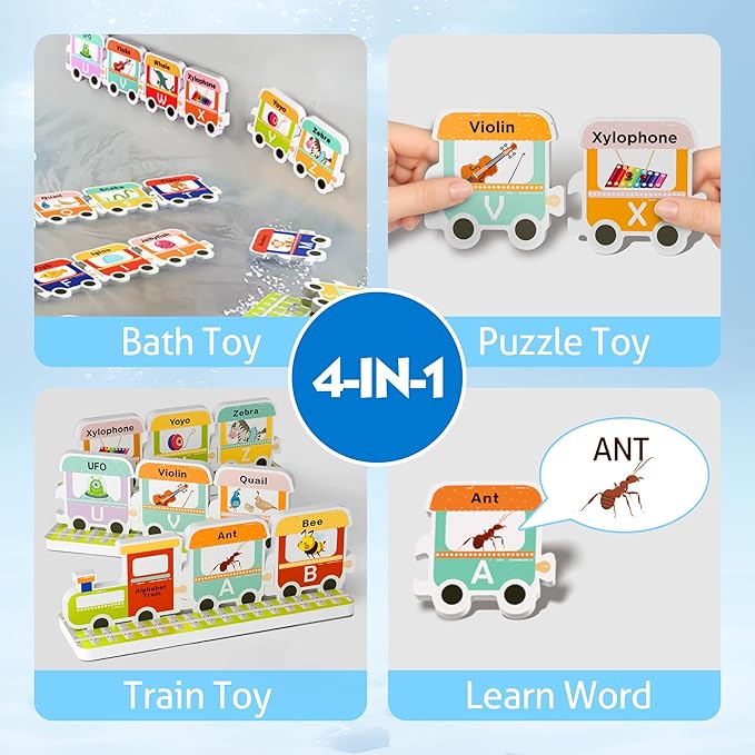 iPlay, iLearn Bath Toy Organizer W/Foam Letters, Toddler Bathtub Toy W/Storage Net, 32 Floating Alphabet Train Puzzle Bathtime Shower Water Play, Learning Birthday Gift 3 4 5 6 Year Old Kid Boy Girl