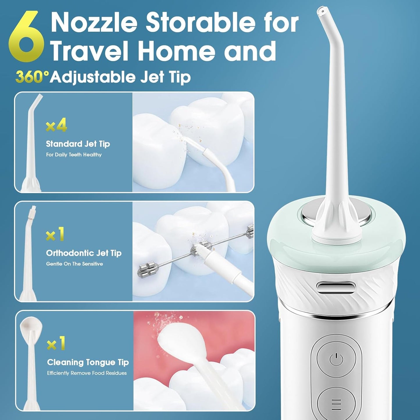 HANGSUN Water Flossers for Teeth, Cordless Compact Travel - Deep Plaque Removal, 30 Days Battery, 3+1 Modes (DIY 8 Levels), 6 Nozzles for Braces/Sensitive Gums, IPX7, 180ml Collapsible Tank, Green