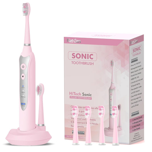 Sonic Electric Toothbrush for Adults with 5 Toothbrush Replacement Heads, 3 Brushing Modes & 2 Minutes Built-in Timer, Travel Toothbrushes with Inductive Charging, Rechargeable toothbrush | Pink