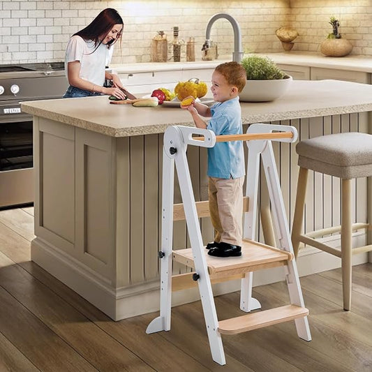 Foldable Toddler Kitchen Stool Helper - Adjustable Height Toddler Standing Tower, Kids Helper Stool with Safty Rail for Kitchen Counter Bathroom (White)