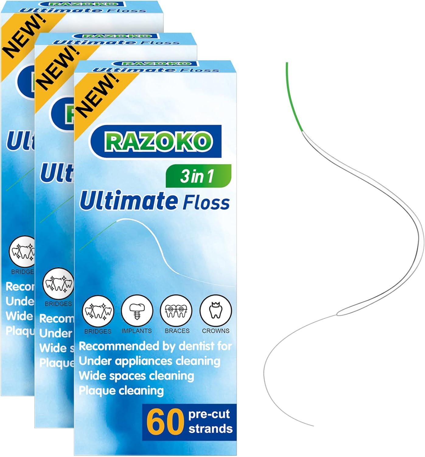 RAZOKO Dental Floss for Braces, 3 in 1 Ultimate Floss Pre-Cut Strands, 60 Count (Pack of 3)