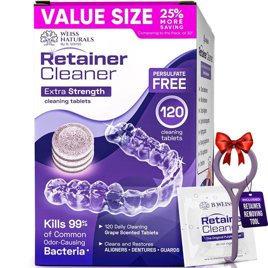 Weiss Naturals Retainer Cleaner Tablets, Invisalign Cleaner, Remove Stains, Odors & Plaque, PERSULFATE FREE Night Guard & Denture Cleaner 4-Month Supply, 120 Grape Scented Tablets