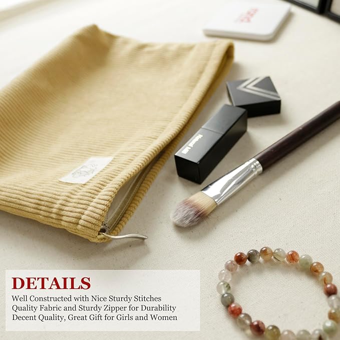 HAPPYHEIDI Creamy White Corduroy Makeup Bag Cosmetic Toiletry Travel Pouch, Make Up Accessory Purse Organizer, Canvas Lined