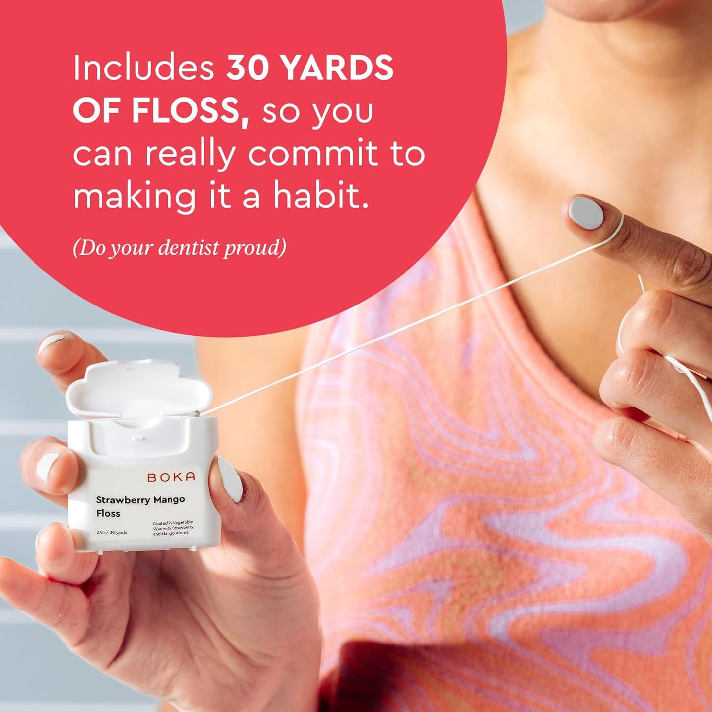 Boka Strawberry Mango Woven Dental Floss, Made from Natural Vegetable Wax, Teflon-Free, 30 Yards of Waxed Floss (Pack of 2)