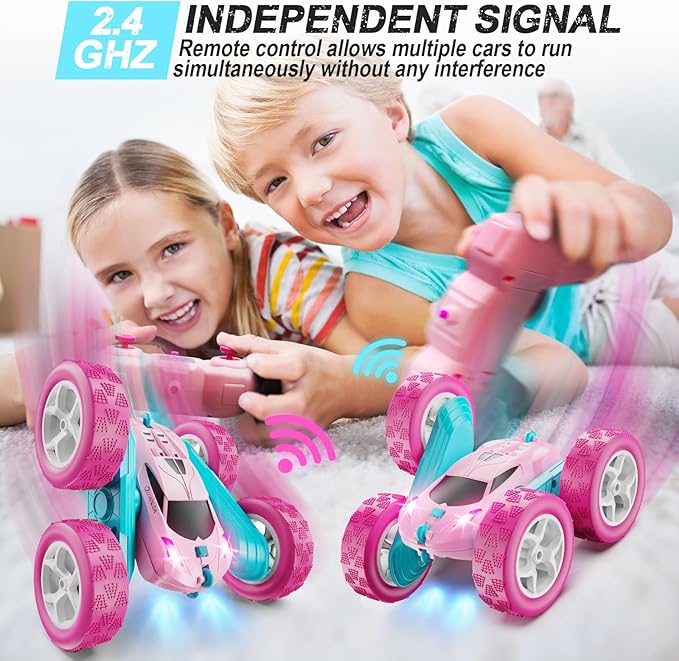 RC Cars, Pink Remote Control Car for Girls, 2.4 GHZ Double Sided RC Stunt Car 360° Rotating Remote Control Crawler with Headlights Car Toys for 6 7 8 9 10 11 12 Girls Birthday Gift Grandkids