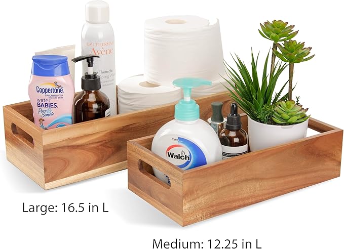 Natural Acacia Wood Bathroom Tray with Handles for Organizing Toiletries and Accessories - 16.5L x 6W inch
