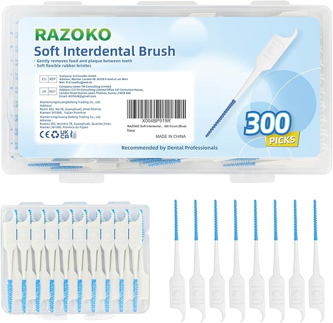 RAZOKO Soft Interdental Brushes Original, Dental Picks for Cleaning Teeth, Disposable Interdental Brushes, with Convenient Carry Case (Blue, 300 Count)
