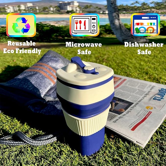 Collapsible Silicone Cup, Safe & Portable, for Hot & Cold Drinks, 18.6 oz (550 ml) - Travel, Camping, Office, and More – Navy Blue