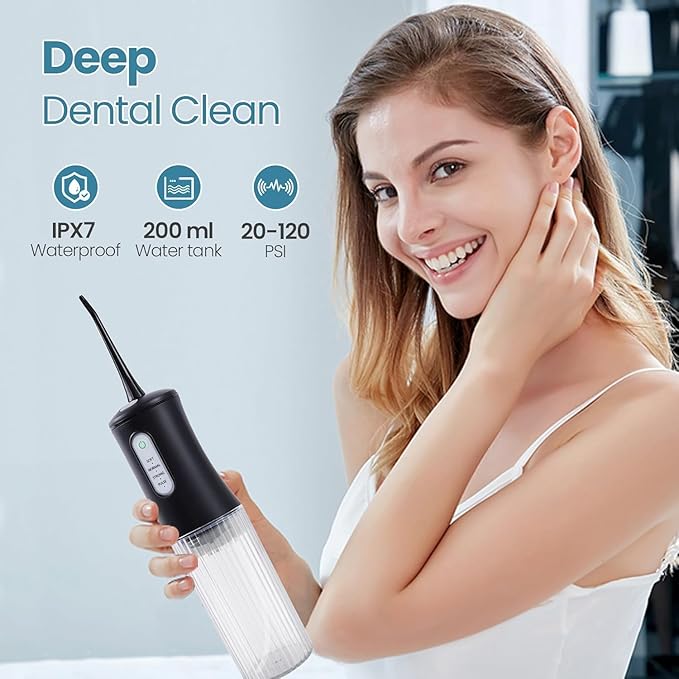 Cordless Water Flosser for Teeth Cleaning Pick - Electric Dental Irrigator with 4 Cleaning Modes & 8 Jet Tips, IPX7 Waterproof, Portable Rechargeable Design for Home & Travel Use,Black