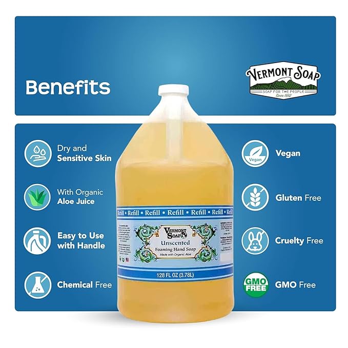 VERMONT SOAP Organics Foaming Hand Soap, Liquid Soap with Pre-diluted Formula - Ready to Use Simply Unscented Hand Soap With Convenient and Economical Gallon Refill Size