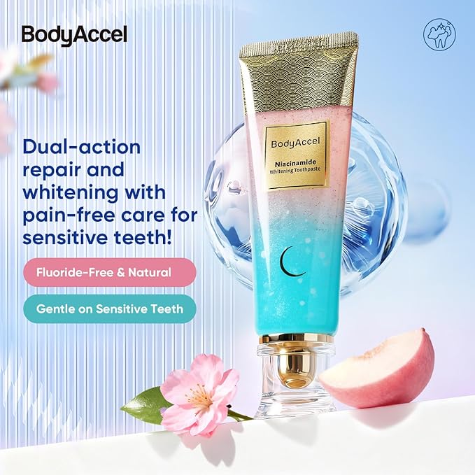 BodyAccel Intensive Radiant Niacinamide Toothpaste – Deep Clean Stain Removal, Brighten Teeth & Reduce Yellowing, Fluoride-Free, Enamel-Safe, Improves Gum Health, 1 Pack
