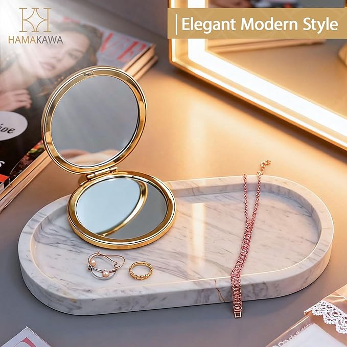 Oval Bathroom Vanity Tray, Large Natural Marble Sink Tray 10 Inch, Volakas White Stone Soap Trays, Modern Perfume Trays, Countertop Organizer for Kitchen, Coffee Table, Home Decor