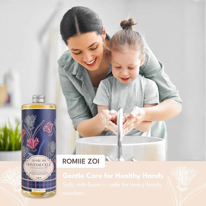 ROMIIE ZOI Foaming Hand Soap Refill Gift Set – Honeysuckle Scent – 3 Pack (1000ML Each) with Dispenser, Gentle & Moisturizing Plant-Based Formula – Bulk Refill Bottles for Bathroom & Kitchen Use