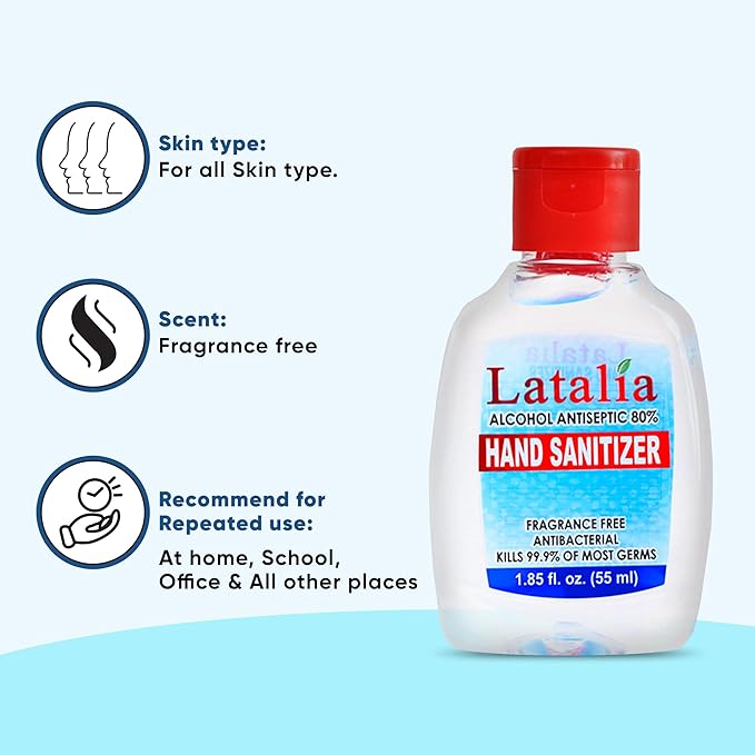 Latalia Mini Hand Sanitizer Travel Size | 1.85 fl oz with 80% Alcohol Small Hand Sanitizer Bulk For Non-Sticky, Unscented, Gentle & Fresh Hands Anytime