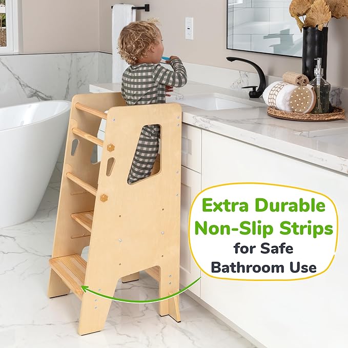 OCODILE Toddler Standing Tower - Adjustable Height Toddler Kitchen Stool Helper - Ideal Kids Kitchen Step Stool for Learning New Skills - Updated Design with Safety Feet - Varnished