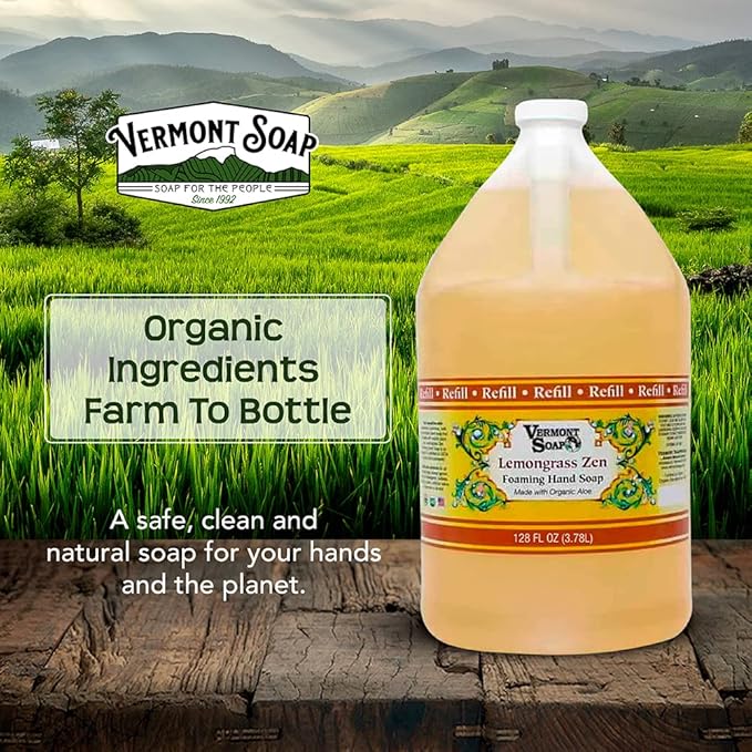 VERMONT SOAP Organics Foaming Hand Soap, Liquid Soap with Pre-diluted Formula - Ready to Use Lemongrass Hand Soap With Convenient and Economical Gallon Refill Size