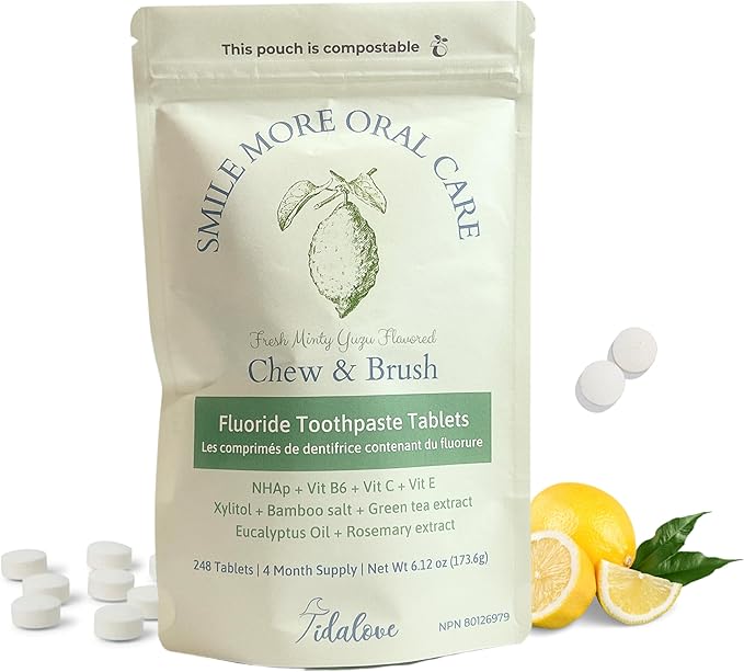 Smile More Toothpaste Tablets with Fluoride, Anti-Cavity, Vegan, Zero Waste, Eco-Friendly, Travel Friendly, 4 Month Supply Refill Maxi Pack (248 Tablets) (Fresh Minty Yuzu)