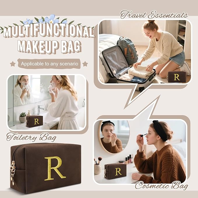 Personalized Initial Makeup Bag,Preppy Suede Cosmetic Bag for Teen Girls,Small Monogram Travel Toiletry Bag With Gold Embroidered Letter,Trendy Stuff Custom Christmas Gift for Women(Coffee-R)