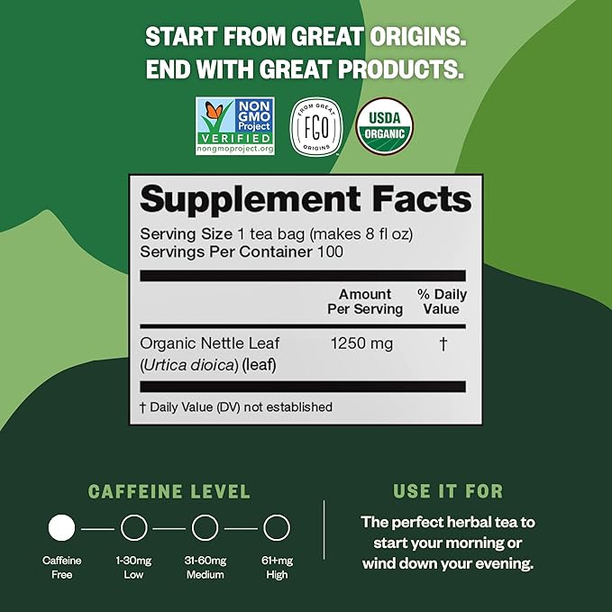 FGO Organic Nettle Leaf Tea, 100 Count, Eco-Conscious Tea Bags, Caffeine Free, Resealable Bag, Packaging May Vary (Pack of 1)