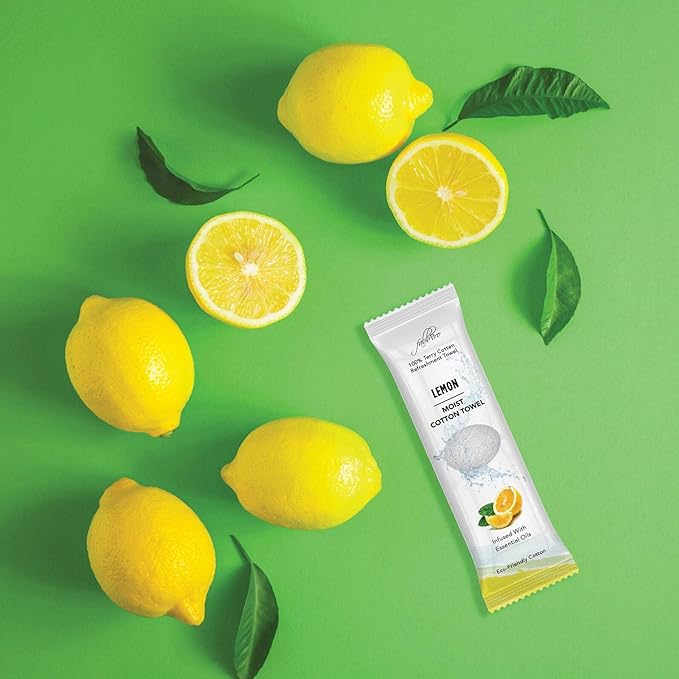 Oshibori Moist Terry Cotton Refreshment Towels (50 Pack, 8 x 8 Inches) - White Mildly Scented Pre-moistened Towel to Use Hot or Cold - Lemon & Lavender Scent Bundle of 25 each