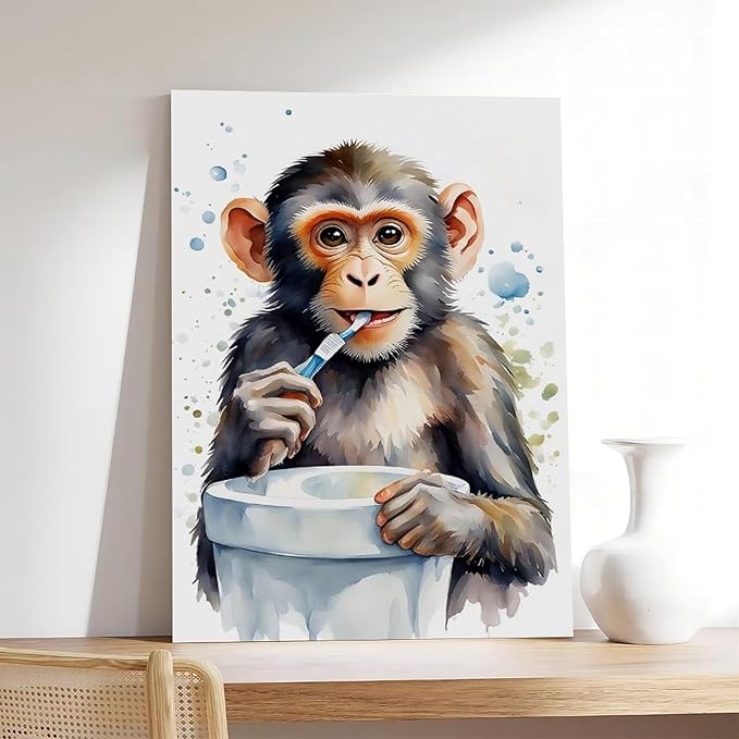 KIPNG Cheerful Monkey Hygiene_ Work of A Playful Dental Routine Poster Canvas Poster Wall Art Picture Paintings for Living Room Bedroom Decoration Frame-style24x36inch(60x90cm)