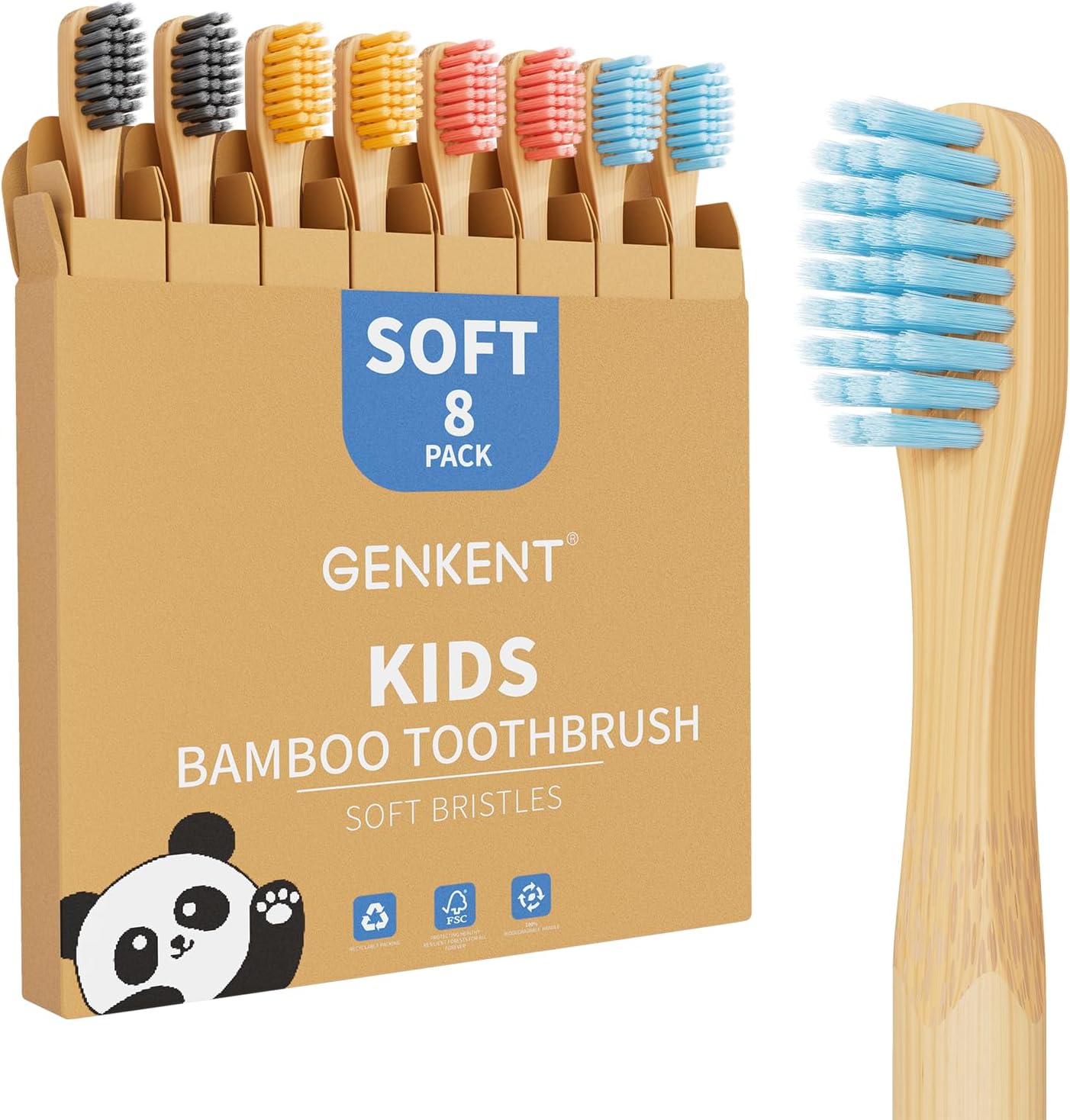 GENKENT 8 Counts Kids Bamboo Toothbrushes BPA Free Soft Bristles Travel Tooth Brush Natural Charcoal Toothbrush
