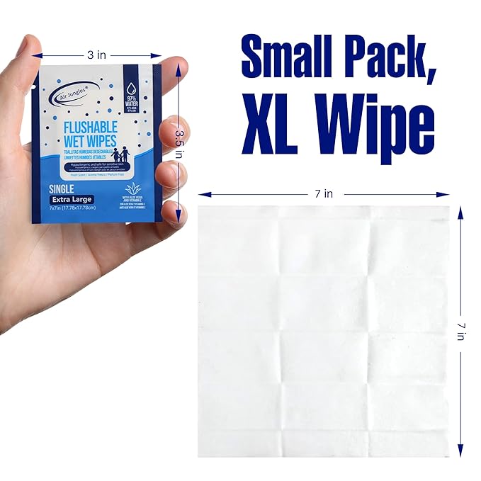Air Jungles Flushable Wipes Individually Wrapped 50 Count (Pack of 2), with Aloe Vera & Vitamin E, Travel Size Wet Cleansing Wipes for Adult, Fresh Scent, Alcohol Free - XL 7 × 7 in