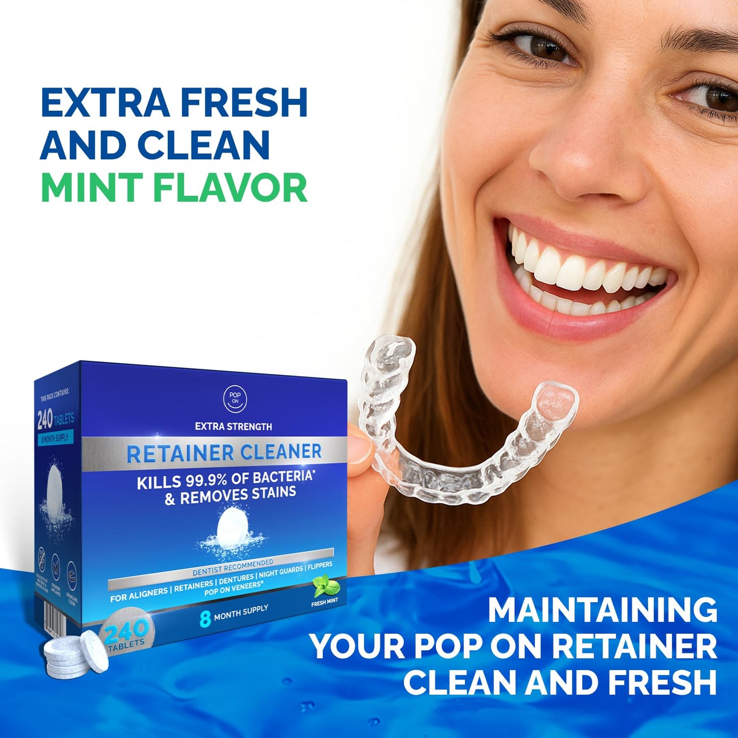 Retainer Cleaner Tablets for Invisalign Approved for Ultrasonic Cleaners -240 Denture Cleaning Tablets for Aligners, Night Guard, Mouth Guard - Denture Cleaner Tablets 8-Month Supply