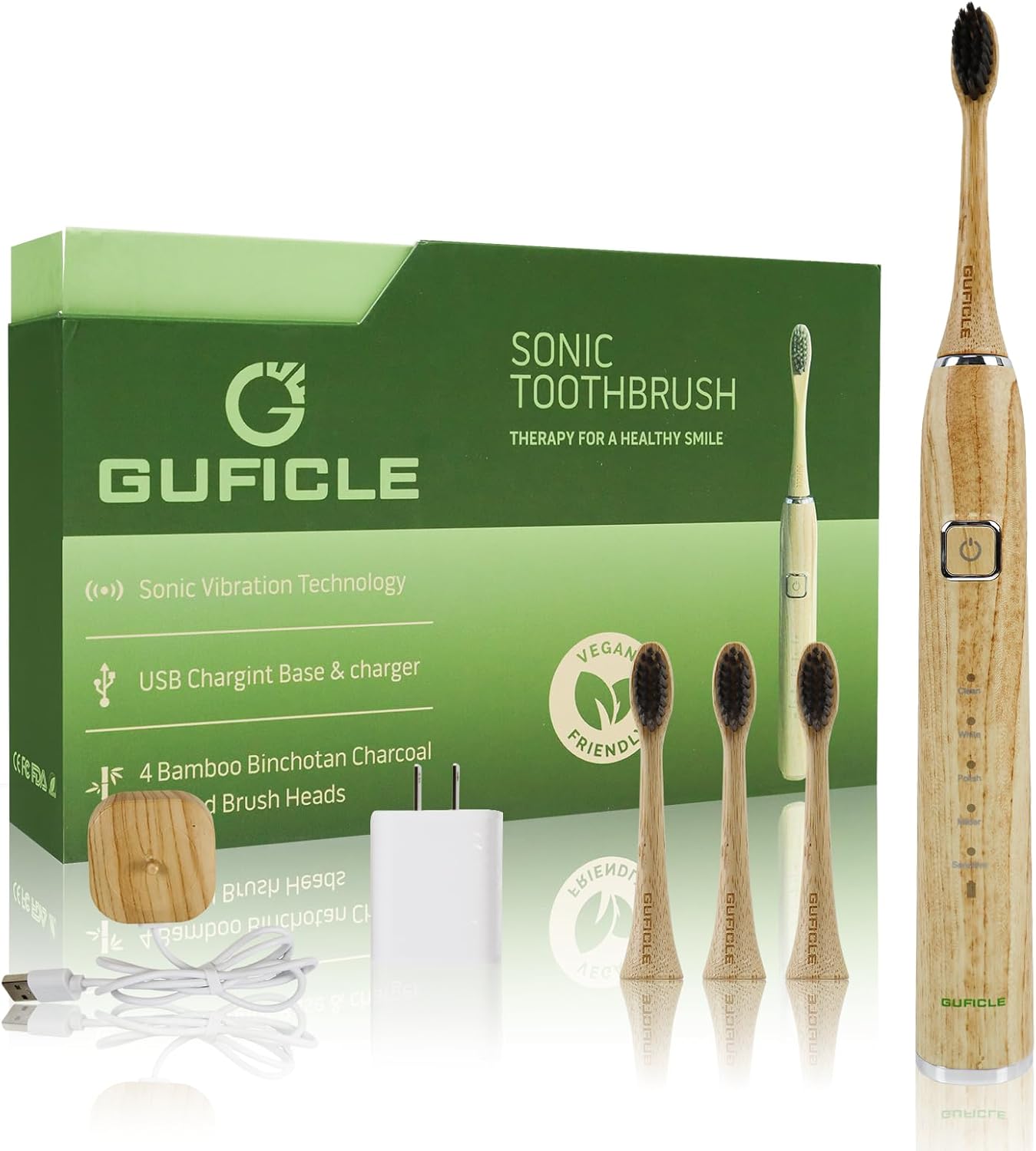 Bamboo Electric Toothbrush, Sonic Electric Bamboo Toothbrush for Adults, IPX7 Waterproof Rechargeable Toothbrush, 5 Cleaning Modes, 4 Bamboo Brush Heads Soft Bristle