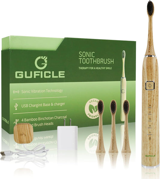 Bamboo Electric Toothbrush, Sonic Electric Bamboo Toothbrush for Adults, IPX7 Waterproof Rechargeable Toothbrush, 5 Cleaning Modes, 4 Bamboo Brush Heads Soft Bristle