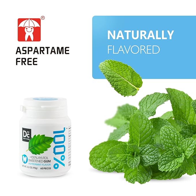 DC24 DAILY CARE 100% Xylitol Gum, No Aspartame, Sugar Free Peppermint Chewing Gum, Natural Flavors, Gluten Free, Vegan, 60 Pieces, Pack of 1