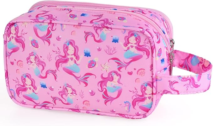 Mermaid Kids Toiletry Bag for Girls, Travel Toiletry Bag for Little Young Girls Cosmetic Bag Makeup Bag Waterproof Hanging Wash Bag Toddler Toiletries, Pink
